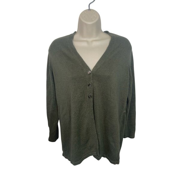J JILL Women's Size Medium Green Linen Blend 3 Button Cardigan Sweater - Picture 1 of 13